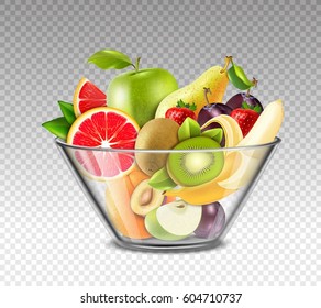 Realistic fruits including apple kiwi banana strawberry plum in glass bowl on transparent background isolated vector illustration