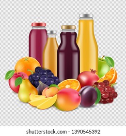 Realistic fruits and juices vector isolated on transparent background