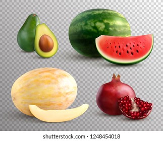 Realistic fruits set with ripe melon watermelon avocado and pomegranate isolated on transparent background vector illustration