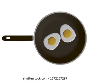 Realistic frying pan with fried eggs. View from above. 3D. Vector illustration