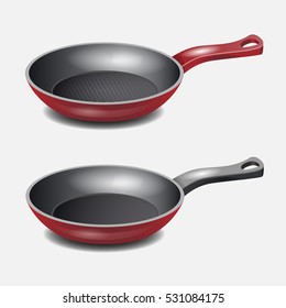 Realistic frying Pan isolated on white background. Utensil for cooking. 3d vector objects. Non-stick Red iron pans.