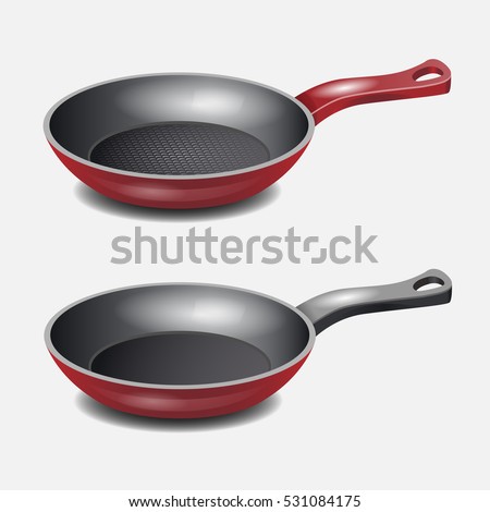 Realistic frying Pan isolated on white background. Utensil for cooking. 3d vector objects. Non-stick Red iron pans.