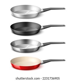 Realistic frying pans. 3d dishes with different coatings, metallic cookware, aluminum, , cast iron and steel skillet, isolated elements for cooking, kitchenware utter vector concept