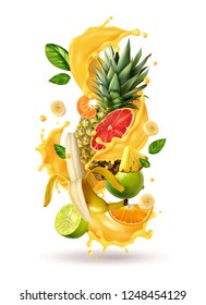 Realistic ftuiys juice splash burst composition with spray images and ripe tropical fruits on blank background vector illustration