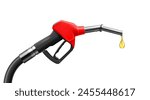 Realistic fuel nozzle, isolated 3d vector gas gun with dripping yellow drop of petroleum. Fueling pistol for petrol or gasoline fill, oil handle pump dispenser, ethanol biodiesel refuel station