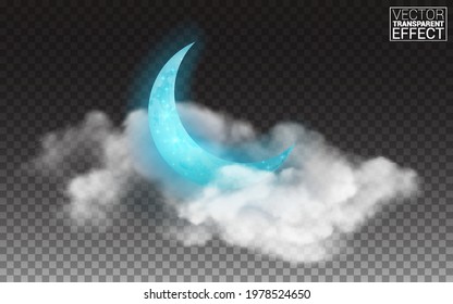 Realistic full blue moon white clouds isolated on transparent. Mystical Night sky. Moonlight night. Vector illustration of 3d moon with clouds.