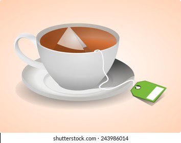 Realistic full ceramic cup of hot brown color tea on saucer with green blank tea bag. vector art image illustration, isolated on white background. food and drink concept, 3d graphic drawing design 