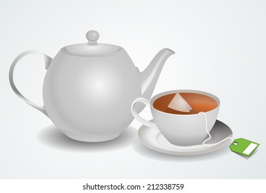 Realistic full cup of hot tea, green tea bag and ceramic teapot. vector art image illustration, isolated on white background. 3d graphic drawing design