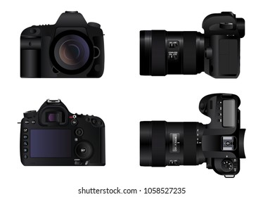 Realistic full frame professional photo camera DSLR with zoom lens and image stabilizer. Vector illustration.