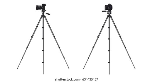 Realistic full frame professional photo camera DSLR with zoom lens and image stabilizer on tripod. Vector illustration.