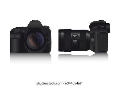 Realistic full frame professional photo camera DSLR with zoom lens and image stabilizer. Vector illustration.