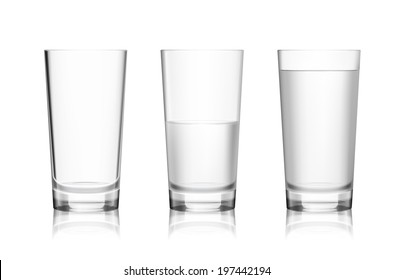 Realistic full half-full and empty glass with mineral water isolated on white background vector illustration