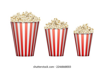 Realistic full large, medium and small popcorn bucket. Red striped pop corn portion cups of different sizes. Movie snack food. Popcorn buckets small big and middle set. Vector illustration