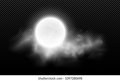 Realistic full moon with clouds isolated on a transparent background. Starry cloud. Dark night. Glowing milk moon. Vector illustration. EPS 10