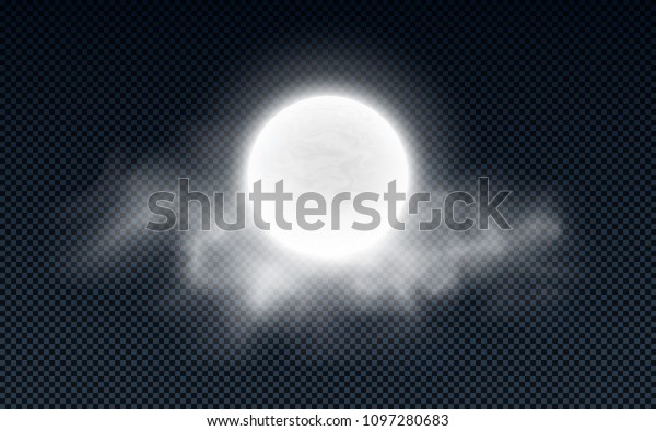 Realistic full moon with clouds isolated on a\
transparent background. White fog. Dark night. Glowing milk moon.\
Vector illustration. EPS\
10