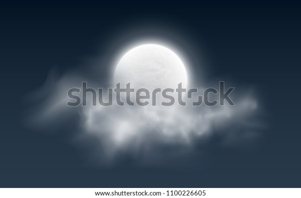 Realistic full moon with clouds on a dark background.\
White fog. Dark night sky. Glowing milky moon. Vector illustration.\
EPS 10