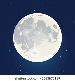 Realistic full moon with craters. Vector on a blue background
