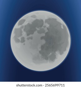 Realistic full moon with craters. Vector on a blue background