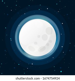 Realistic full moon. Detailed vector illustration. Moon in flat design style. Vector illustration. The moon is full of bright light in the vast sky surrounded by stars. That's a beautiful view night. 