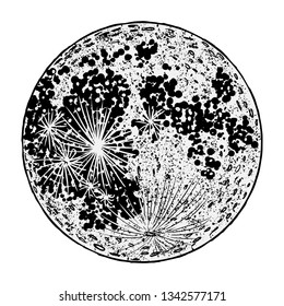 Realistic full moon drawing. Vintage engraving astrology or astronomy design. Vector. 