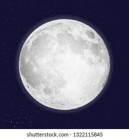 Realistic full moon isolated. Shiny on dark blue space background in cosmos or stars. Astrology or astronomy planet design. Tattoo flesh design. Vector 