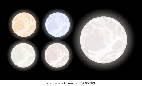 Realistic Full Moon at Night: White, Red, Blue, Orange, Green Dark Satellite Spheres. Glowing Luna for Night Sky. Vector.