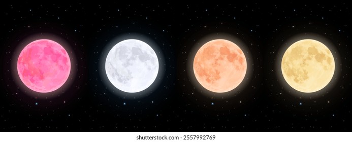 Realistic Full Moon at Night: White, Red, Orange, Yellow Dark Satellite Spheres. Glowing Luna for Night Sky. Vector.