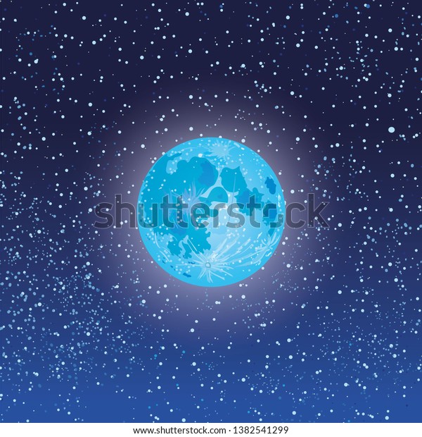Realistic full\
moon. Shiny on dark blue space background in cosmos or stars.\
Astrology or astronomy planet design. Tattoo flesh design. Moon for\
banner, website, printed materials,\
cards.