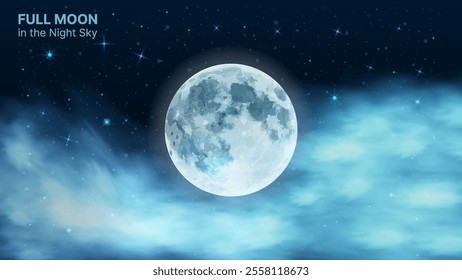 Realistic Full Moon and Starry Night Sky with Cloud Effect – Dark Midnight Background, Glowing Moonlight, Lunar Astronomy, Nature Vector Design.