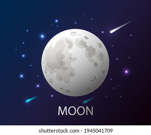 Realistic full Moon and stars background. Planet with craters in the Universe, Vector Illustration.