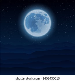 Realistic full moon with stars in the sky and mountains to the horizon