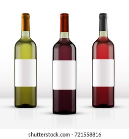 Realistic Full Red, White And Rose Wine Bottles. EPS10 Vector