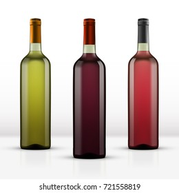 Realistic Full Red, White And Rose Wine Bottles. EPS10 Vector