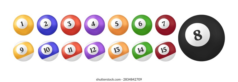 Realistic Full Set of Numbered Pool Billiard Balls Neatly Arranged for a Classic Game, Isolated Vector..