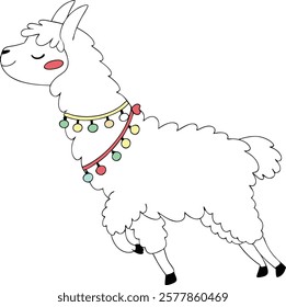 Realistic full-body alpaca adorned with vibrant ornaments on a white background.