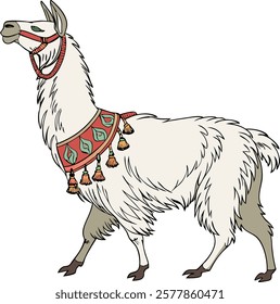 Realistic full-body alpaca adorned with vibrant ornaments on a white background.