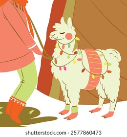 Realistic full-body alpaca adorned with vibrant ornaments on a white background.