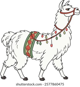 Realistic full-body alpaca adorned with vibrant ornaments on a white background.