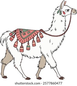 Realistic full-body alpaca adorned with vibrant ornaments on a white background.