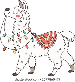 Realistic full-body alpaca adorned with vibrant ornaments on a white background.