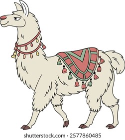 Realistic full-body alpaca adorned with vibrant ornaments on a white background.