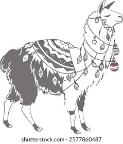 Realistic full-body alpaca adorned with vibrant ornaments on a white background.