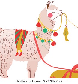 Realistic full-body alpaca adorned with vibrant ornaments on a white background.