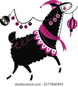 Realistic full-body alpaca adorned with vibrant ornaments on a white background.