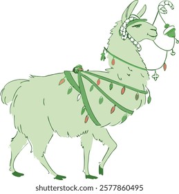 Realistic full-body alpaca adorned with vibrant ornaments on a white background.