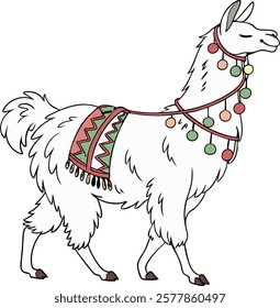 Realistic full-body alpaca adorned with vibrant ornaments on a white background.