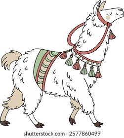 Realistic full-body alpaca adorned with vibrant ornaments on a white background.