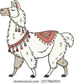 Realistic full-body alpaca adorned with vibrant ornaments on a white background.