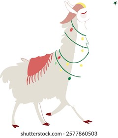 Realistic full-body alpaca adorned with vibrant ornaments on a white background.