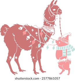 Realistic full-body alpaca adorned with vibrant ornaments on a white background.